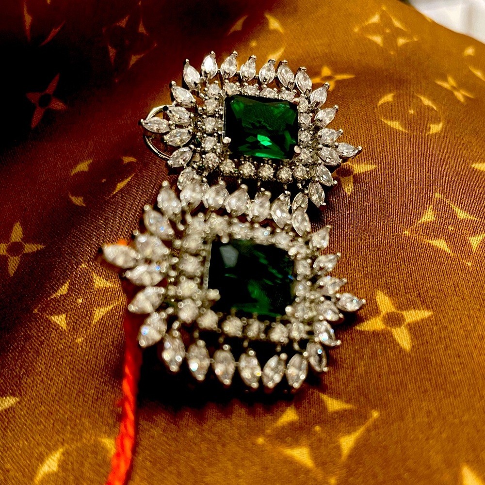 White tone Emerald Zirconia stone stud earrings